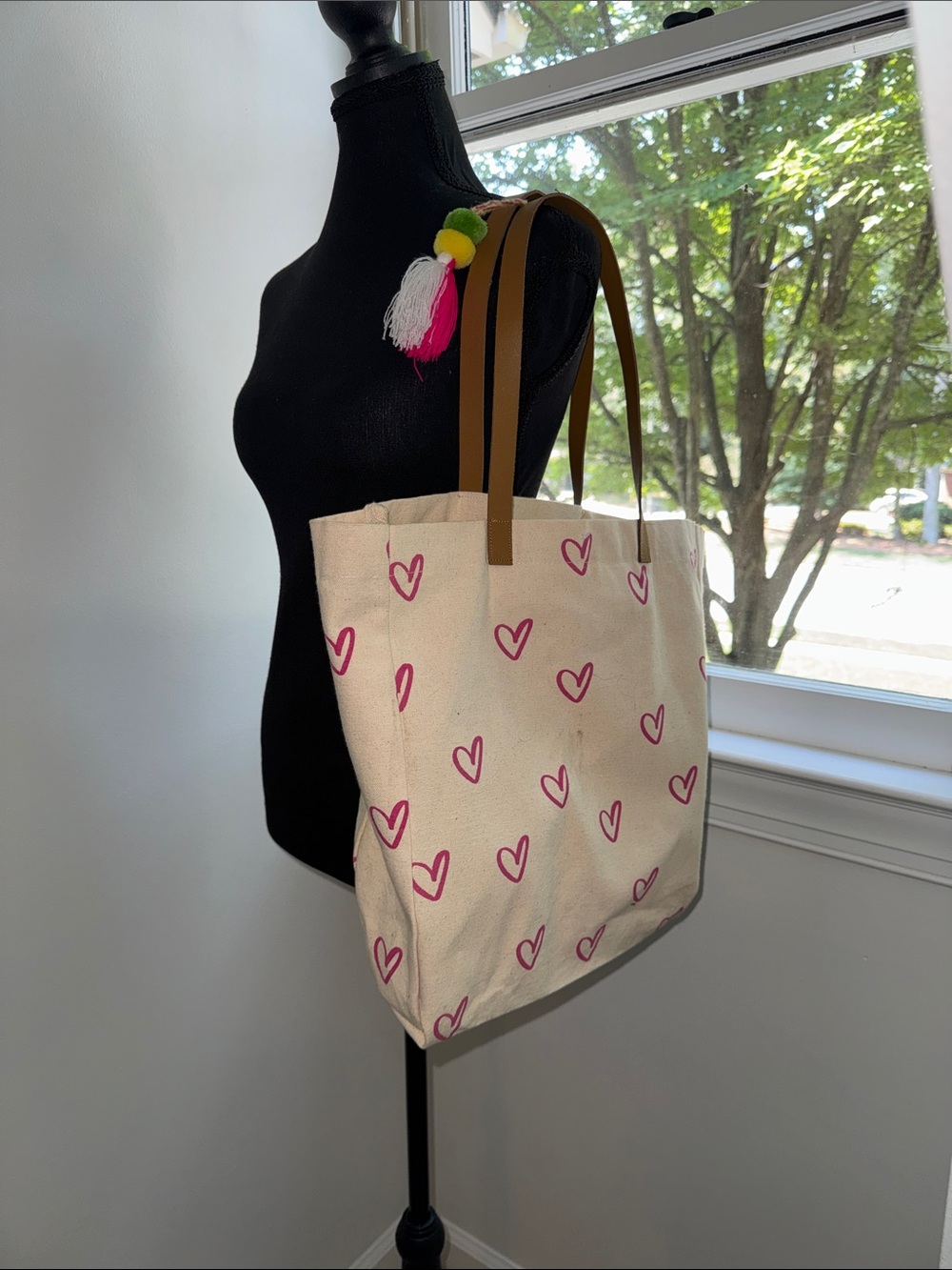 Canvas Tote Bag with Pink Heart Print and Tan Straps